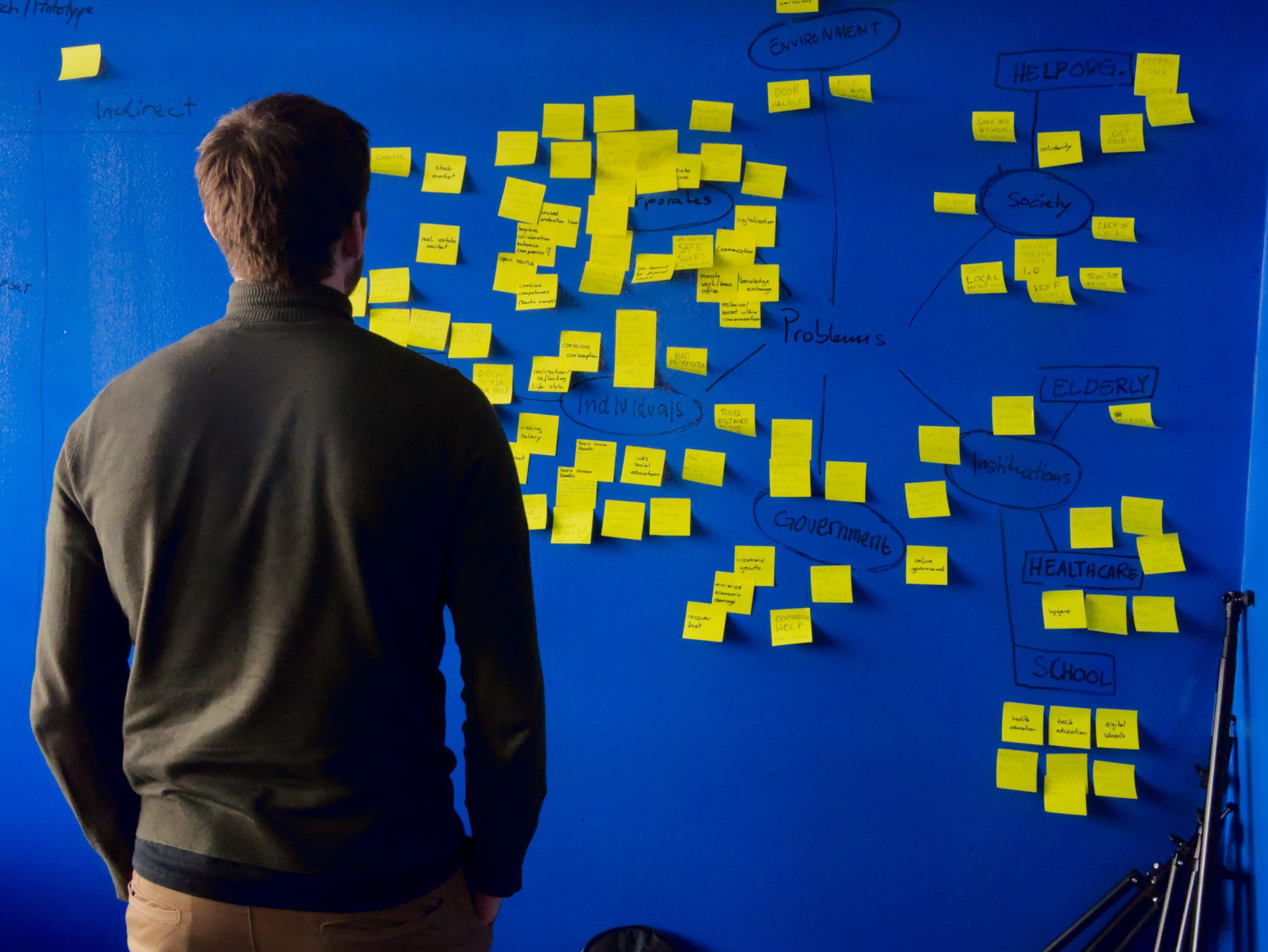 Image shows a person thinkng about a startup and staring at a wall covered in yellow post-it notes. Photo courtesy Geekdom.